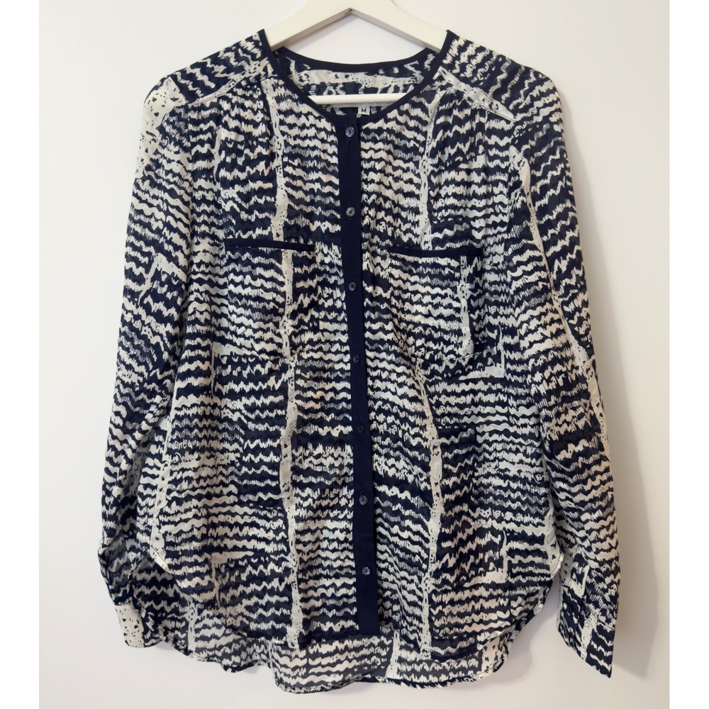 Trina Turk Blouse Womens M Navy Silk Blend Abstract Print Designer Chic Nautical